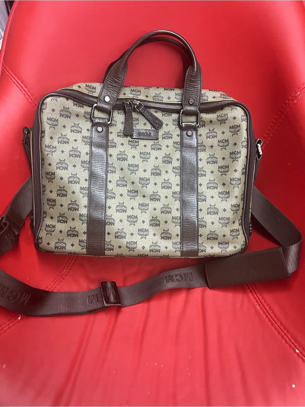 MCM Beige Monogram Canvas Laptop Bag with Brown Trim